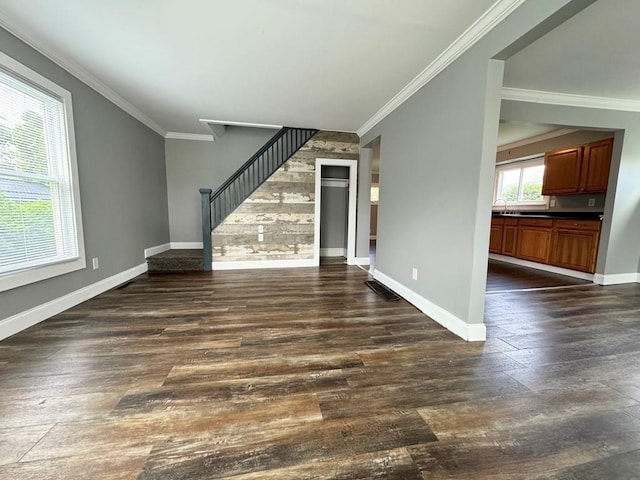 207 Morrow St, Elmira-City, NY 14904 - unfurnished living room with dark wood-style floors, stairway, and ornamental molding