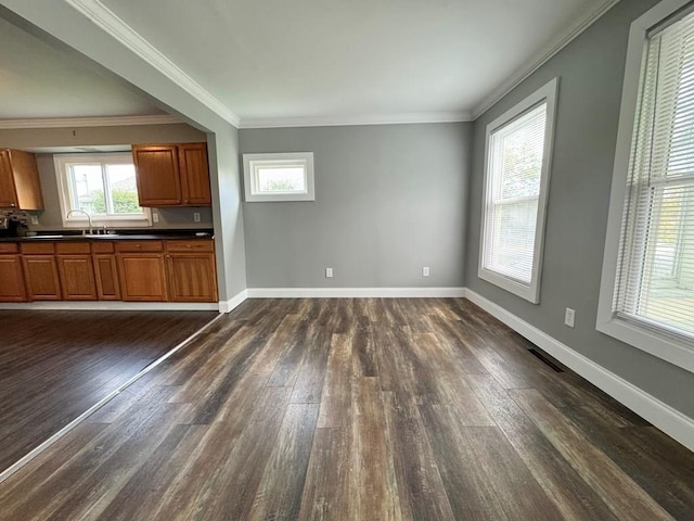 207 Morrow St, Elmira-City, NY 14904 - kitchen featuring dark wood-type flooring, dark countertops, brown cabinets, and ornamental molding