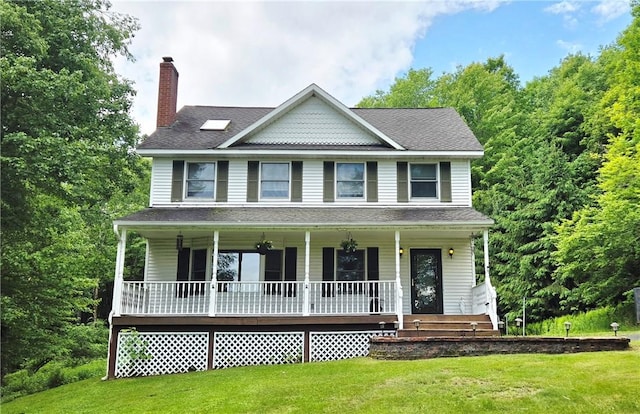 527 Harper Rd, Harpersfield, NY 13786 - view of front of house with a front yard, covered porch, and a chimney