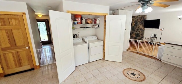 527 Harper Rd, Harpersfield, NY 13786 - laundry area featuring washing machine and dryer, a ceiling fan, and light tile patterned floors