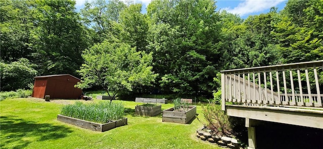 527 Harper Rd, Harpersfield, NY 13786 - view of grassy yard featuring a garden, a shed, and a deck