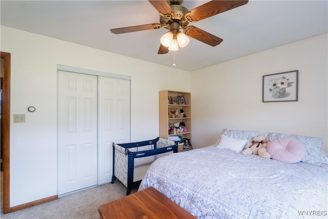7727 Dewitt Rd, Pike, NY 14024 - bedroom with light carpet, a closet, and a ceiling fan