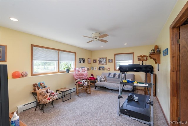 7727 Dewitt Rd, Pike, NY 14024 - workout room featuring a baseboard radiator, healthy amount of natural light, carpet floors, a ceiling fan, and recessed lighting