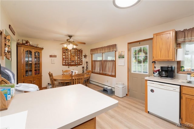 7727 Dewitt Rd, Pike, NY 14024 - kitchen featuring dishwasher, light countertops, light wood finished floors, a ceiling fan, and a baseboard radiator