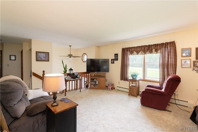 7727 Dewitt Rd, Pike, NY 14024 - living area featuring a baseboard heating unit, a ceiling fan, and light carpet