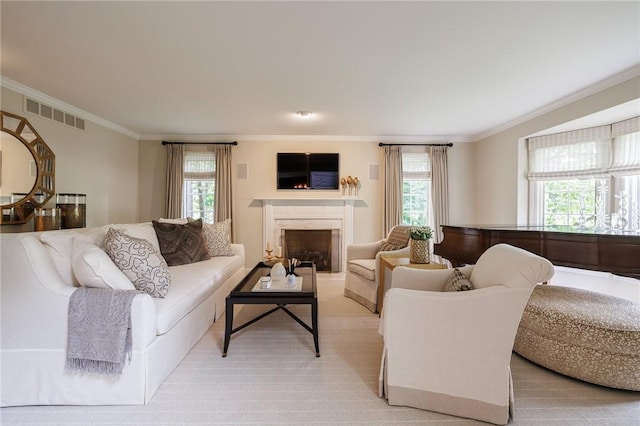 7974 Oak Brook Cir, Pittsford, NY 14534 - living room featuring crown molding, a high end fireplace, and light carpet