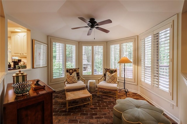 7974 Oak Brook Cir, Pittsford, NY 14534 - living area with ceiling fan, brick patterned floors, and lofted ceiling