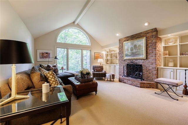 7974 Oak Brook Cir, Pittsford, NY 14534 - living room featuring carpet flooring, a brick fireplace, beamed ceiling, high vaulted ceiling, and built in shelves