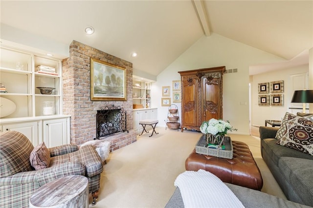 7974 Oak Brook Cir, Pittsford, NY 14534 - carpeted living area featuring beam ceiling, a brick fireplace, high vaulted ceiling, and built in shelves