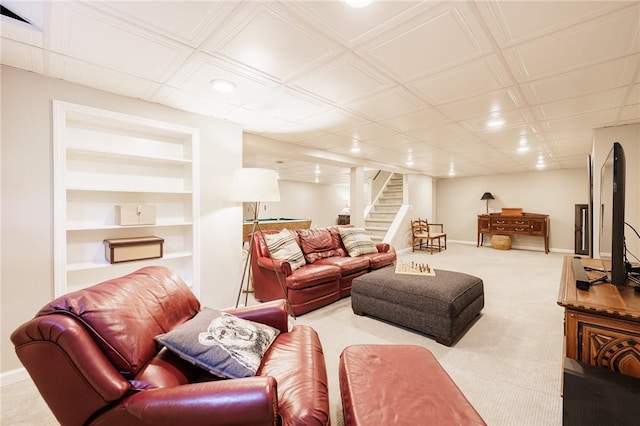 7974 Oak Brook Cir, Pittsford, NY 14534 - living area featuring carpet floors, stairway, recessed lighting, and built in shelves