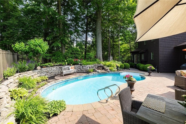 7974 Oak Brook Cir, Pittsford, NY 14534 - swimming pool featuring a patio and view of wooded area