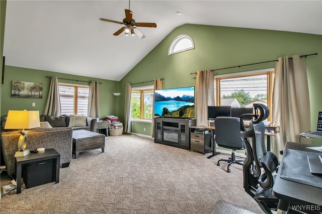 774 Loretta St, Tonawanda-Town, NY 14150 - office area featuring high vaulted ceiling, ceiling fan, and carpet floors