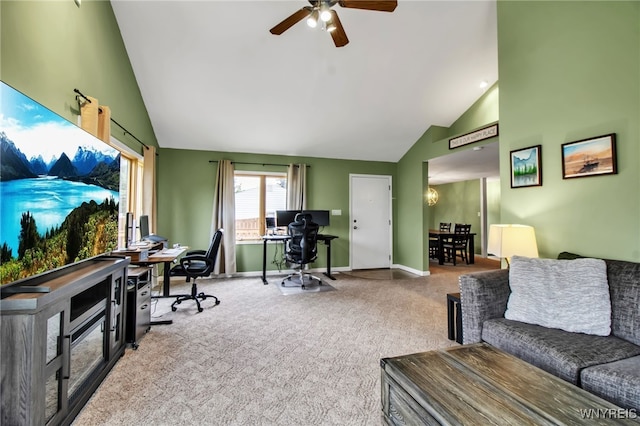 774 Loretta St, Tonawanda-Town, NY 14150 - living area with an office area, ceiling fan, carpet floors, and high vaulted ceiling