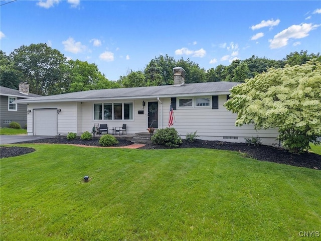 125 Huntshill Rd, Geddes, NY 13209 - ranch-style house with a garage, a chimney, a front yard, and asphalt driveway