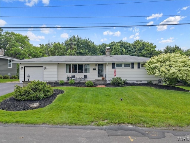 125 Huntshill Rd, Geddes, NY 13209 - ranch-style home with an attached garage, asphalt driveway, a front yard, and a chimney