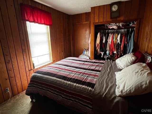 298 Maple Ridge Rd, Dekalb, NY 13681 - carpeted bedroom featuring wood walls and a closet