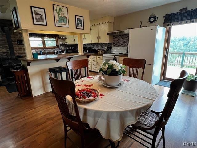298 Maple Ridge Rd, Dekalb, NY 13681 - dining room featuring a wood stove and dark wood-type flooring