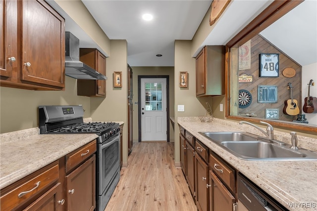 28 Woodstock Rd, Concord, NY 14069 - kitchen with stainless steel gas range oven, wall chimney exhaust hood, dishwashing machine, light wood-type flooring, and light countertops