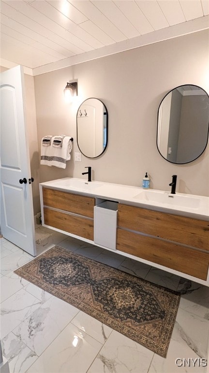 53 Utica St, Hamilton, NY 13346 - bathroom with marble finish flooring, double vanity, and wood ceiling