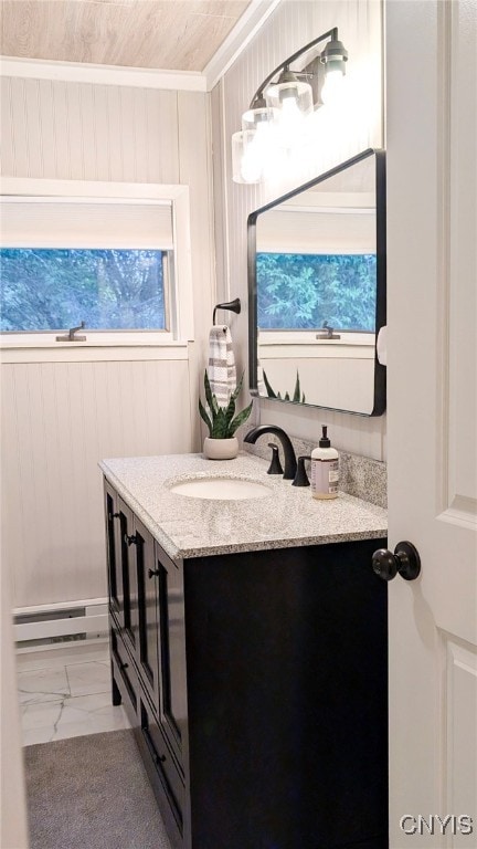 53 Utica St, Hamilton, NY 13346 - bathroom with vanity, baseboard heating, marble finish flooring, and wooden walls
