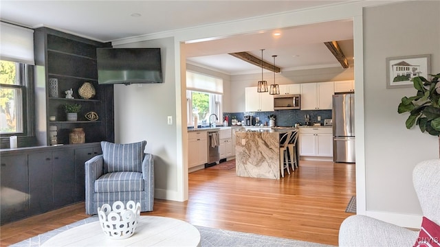 53 Utica St, Hamilton, NY 13346 - living room featuring light wood finished floors, ornamental molding, and beam ceiling