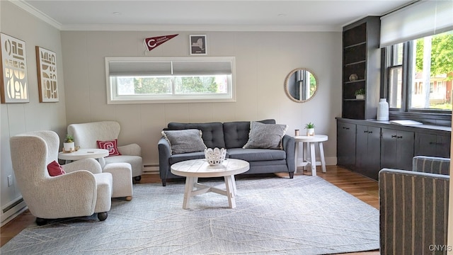 53 Utica St, Hamilton, NY 13346 - living area with wood finished floors, ornamental molding, and a baseboard heating unit