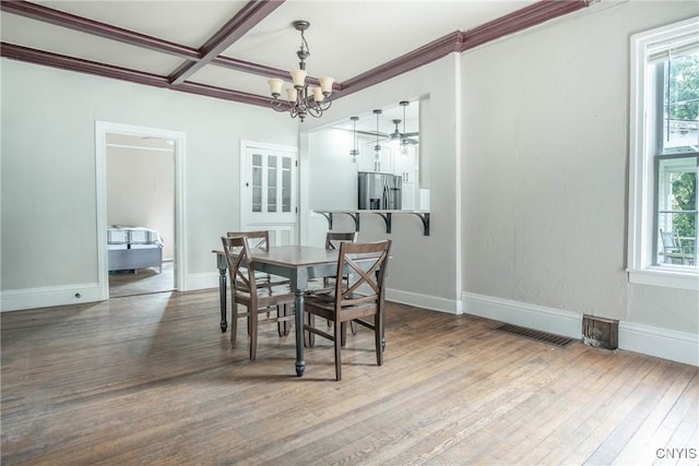 8367 S Main St, Le Ray, NY 13637 - dining area featuring a chandelier, healthy amount of natural light, wood finished floors, coffered ceiling, and beam ceiling