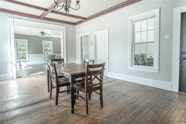 8367 S Main St, Le Ray, NY 13637 - dining room with a chandelier, hardwood / wood-style flooring, coffered ceiling, ornamental molding, and beamed ceiling