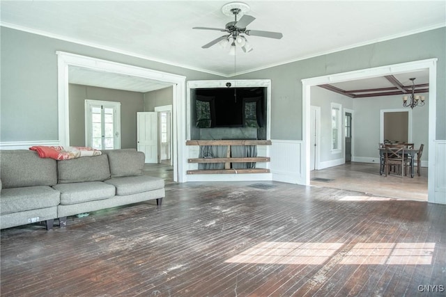 8367 S Main St, Le Ray, NY 13637 - living area with hardwood / wood-style floors, a chandelier, a ceiling fan, and crown molding