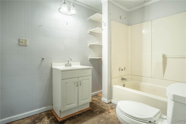 8367 S Main St, Le Ray, NY 13637 - bathroom with vanity, shower / washtub combination, unfinished concrete floors, tile walls, and ornamental molding
