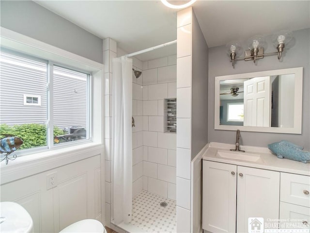 2389 Lakeside Dr, Busti, NY 14710 - full bath with plenty of natural light, a stall shower, and a ceiling fan