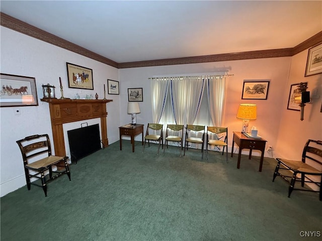 38 Sullivan St, Cazenovia, NY 13035 - carpeted living area featuring crown molding and a fireplace