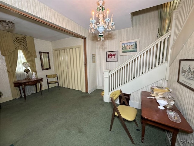 38 Sullivan St, Cazenovia, NY 13035 - carpeted dining room with wallpapered walls, stairway, and a chandelier