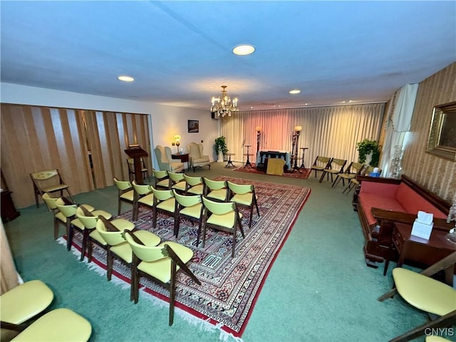 38 Sullivan St, Cazenovia, NY 13035 - recreation room featuring carpet, recessed lighting, a chandelier, and wallpapered walls