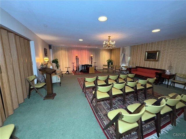 38 Sullivan St, Cazenovia, NY 13035 - playroom featuring wallpapered walls, carpet floors, a chandelier, and recessed lighting
