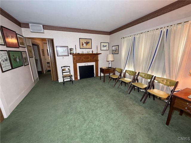 38 Sullivan St, Cazenovia, NY 13035 - sitting room with carpet floors, crown molding, and a fireplace
