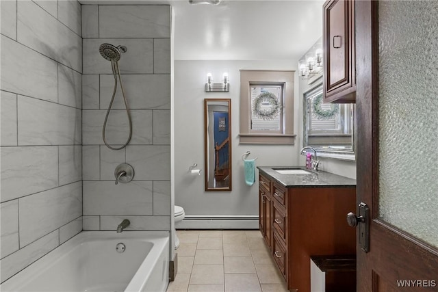 8432 E Ave, Royalton, NY 14067 - full bathroom with a baseboard radiator, vanity, shower / tub combination, and tile patterned flooring