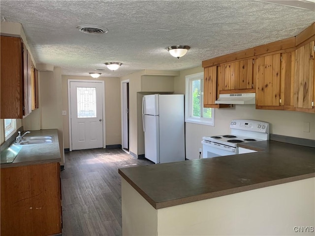 20 Park Ave, Sandy Creek, NY 13083 - kitchen featuring white appliances, under cabinet range hood, healthy amount of natural light, dark countertops, and a textured ceiling