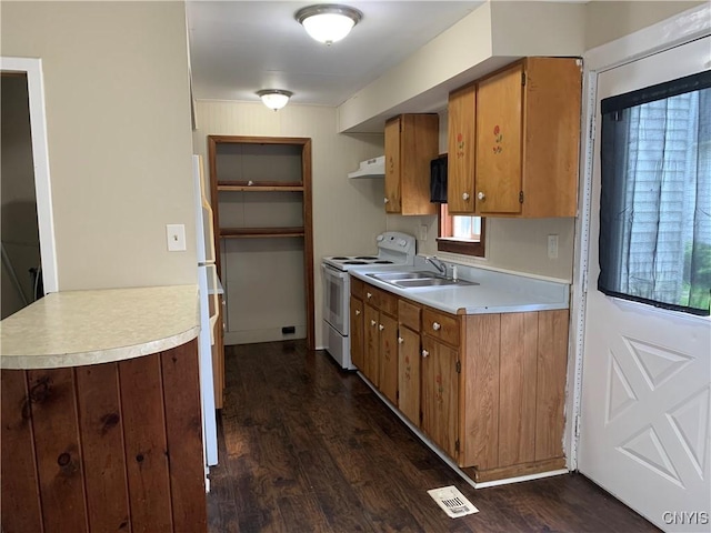 20 Park Ave, Sandy Creek, NY 13083 - kitchen featuring electric stove, light countertops, dark wood-type flooring, and under cabinet range hood