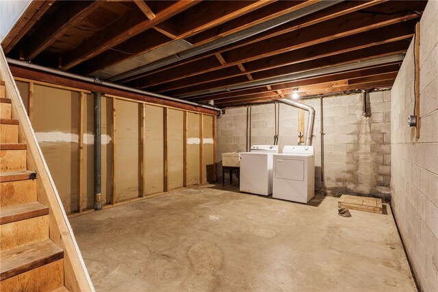 16 Aquarius Ln, Greece, NY 14612 - unfinished below grade area featuring washing machine and dryer and stairs