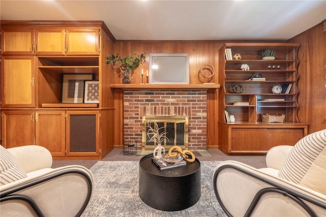 115 Crandon Way, Brighton, NY 14618 - living area with wooden walls, carpet, and a fireplace