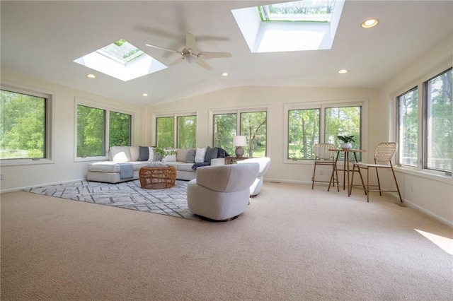115 Crandon Way, Brighton, NY 14618 - living area with a skylight, light colored carpet, recessed lighting, ceiling fan, and lofted ceiling