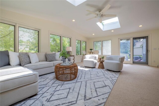 115 Crandon Way, Brighton, NY 14618 - living room featuring a skylight, recessed lighting, a ceiling fan, vaulted ceiling, and carpet