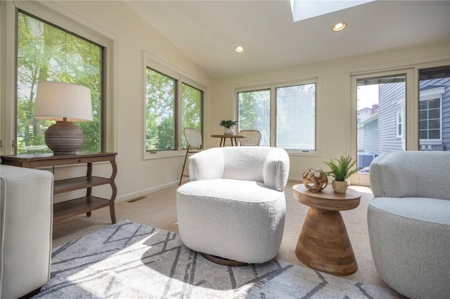 115 Crandon Way, Brighton, NY 14618 - sitting room featuring carpet flooring, healthy amount of natural light, a skylight, recessed lighting, and lofted ceiling