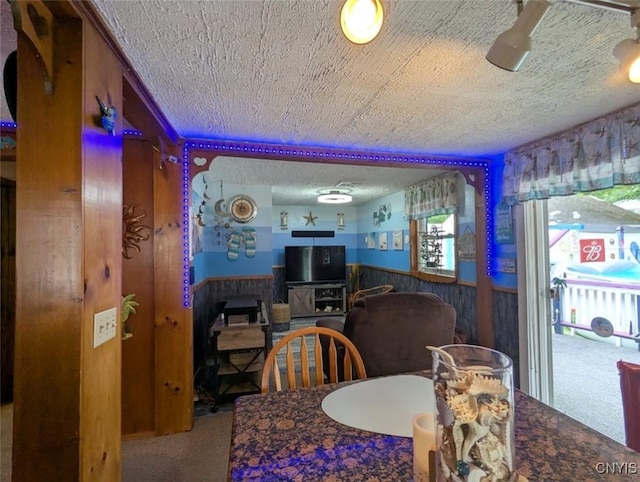 2008 Main St, Vienna, NY 13157 - carpeted dining room with wainscoting and wood walls