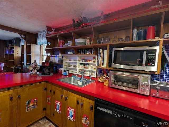 2008 Main St, Vienna, NY 13157 - kitchen featuring stainless steel microwave, dishwasher, a textured ceiling, open shelves, and decorative backsplash