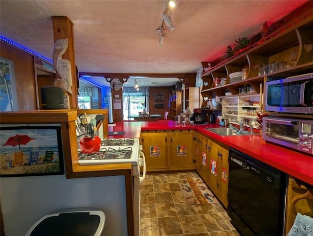 2008 Main St, Vienna, NY 13157 - kitchen with dishwasher, stainless steel microwave, white gas range oven, a textured ceiling, and rail lighting