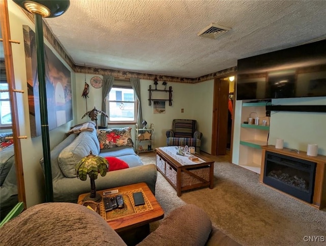 2008 Main St, Vienna, NY 13157 - carpeted living area featuring a textured ceiling and a fireplace