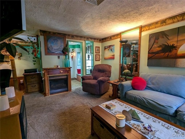 2008 Main St, Vienna, NY 13157 - carpeted living area featuring a fireplace and a textured ceiling
