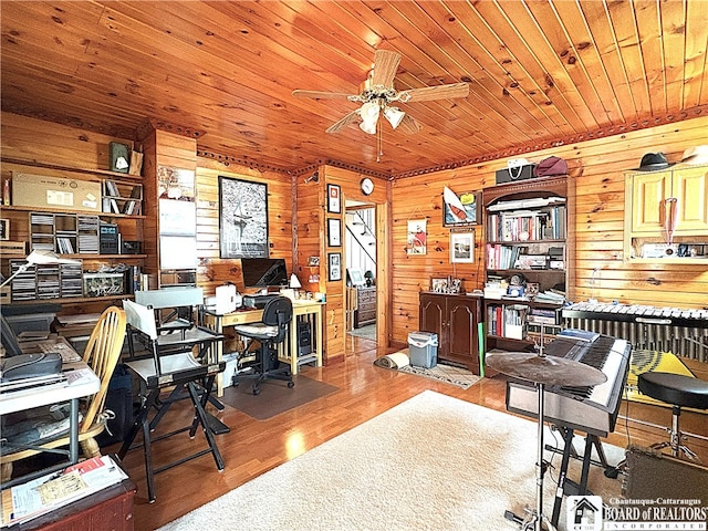 2411 Lakeside Dr, Busti, NY 14710 - office space featuring wooden walls, ceiling fan, wood ceiling, and wood finished floors